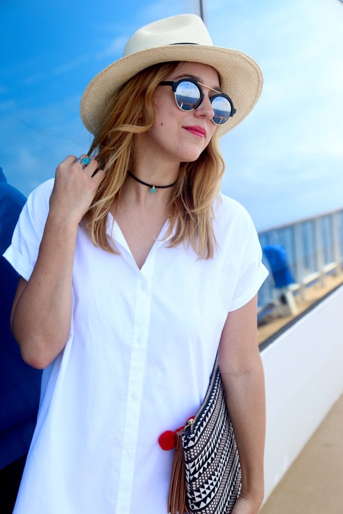 Christine Cameron wearing a white shirt dress from Oak on a Celebrity Cruise ship 5