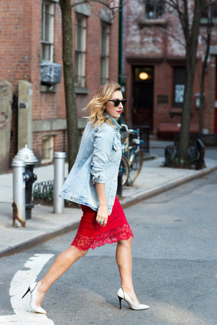 Christine Cameron Wearing A Nicole Miller Red Lace Dress With Denim Jacket 2