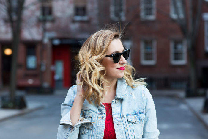 Christine Cameron Wearing A Nicole Miller Red Lace Dress With Denim Jacket 3