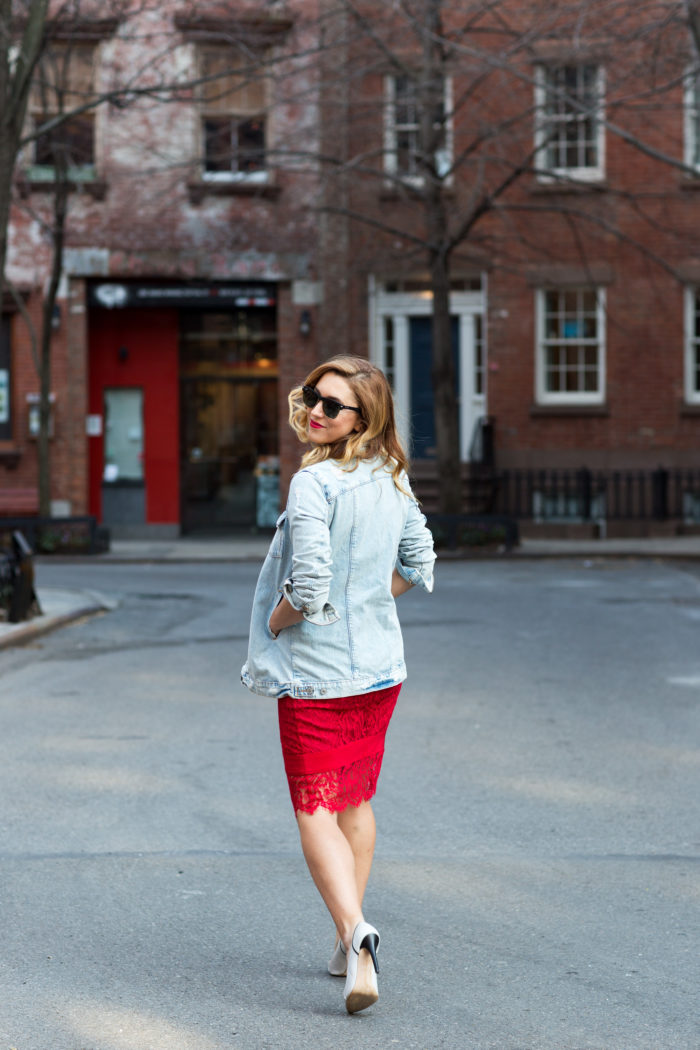 Christine Cameron Wearing A Nicole Miller Red Lace Dress With Denim Jacket 4