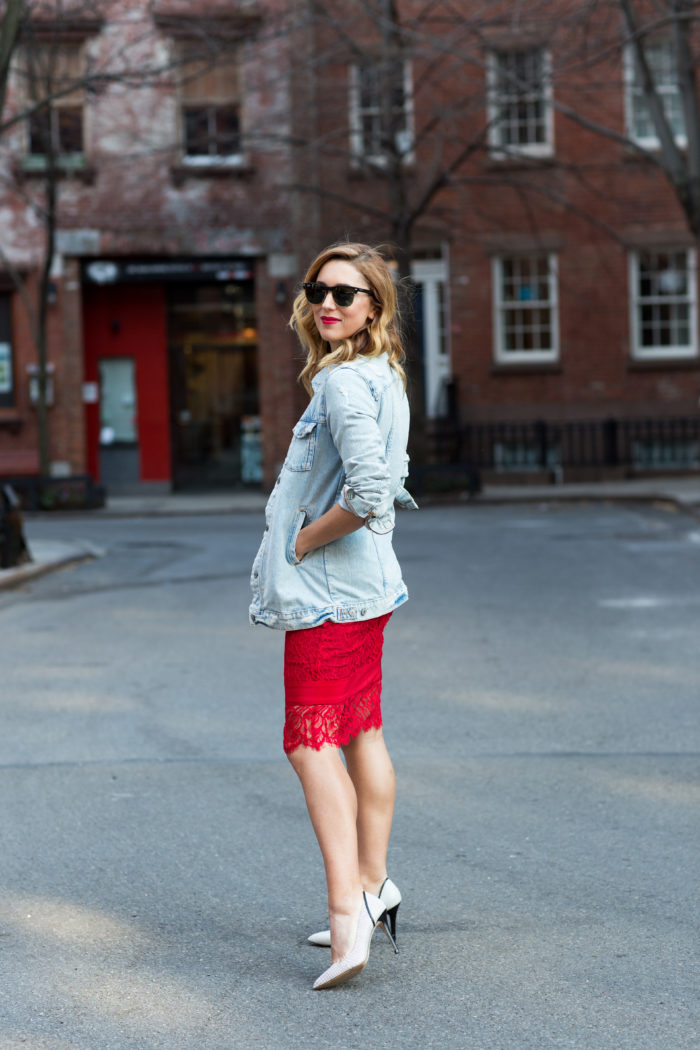 Christine Cameron Wearing A Nicole Miller Red Lace Dress With Denim Jacket 6