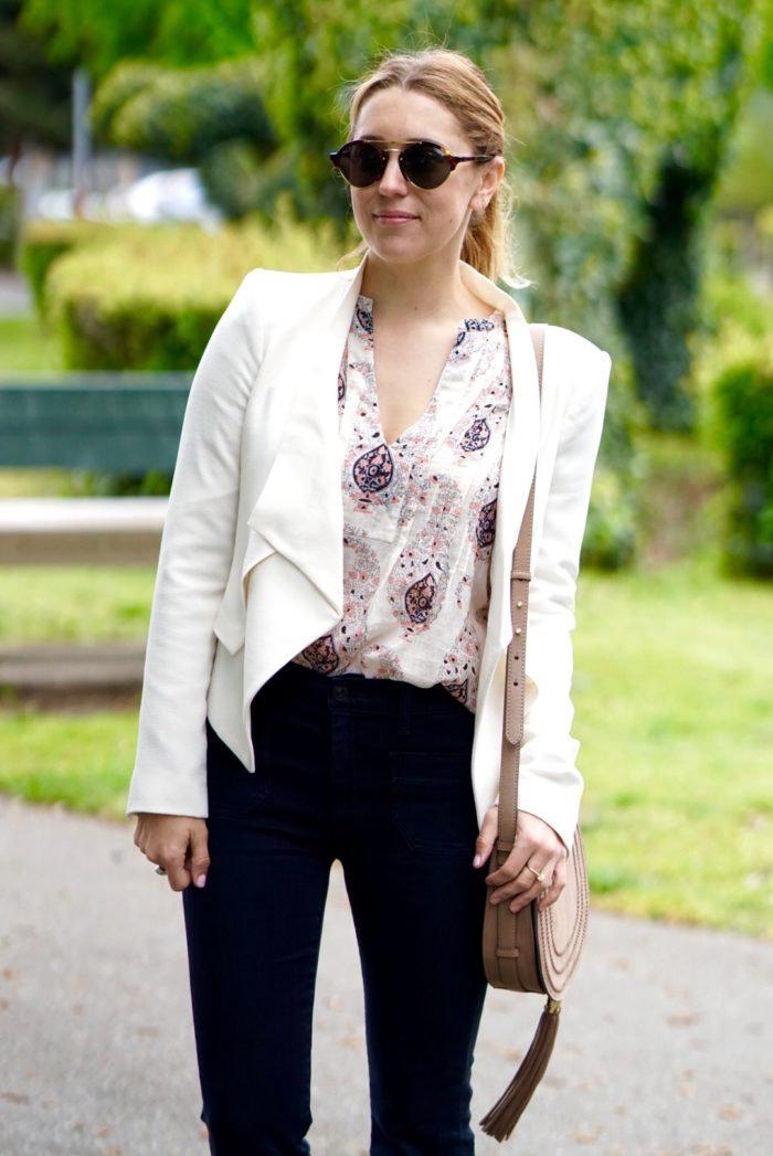 Christine Cameron wearing a white blazer with dark wide leg denim by Hudson and Vince Camuto purse 5