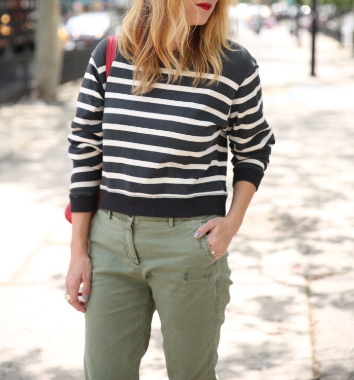 Christine Cameron of My Style Pill wearing a striped sweatshirt and khaki chinos 5