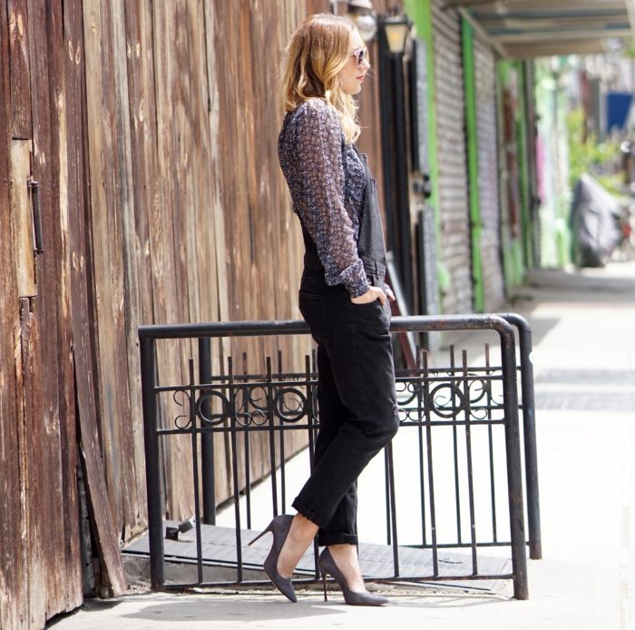 Christine Cameron of My Style Pill wearing black overalls from Zara and a Paige blouse 1