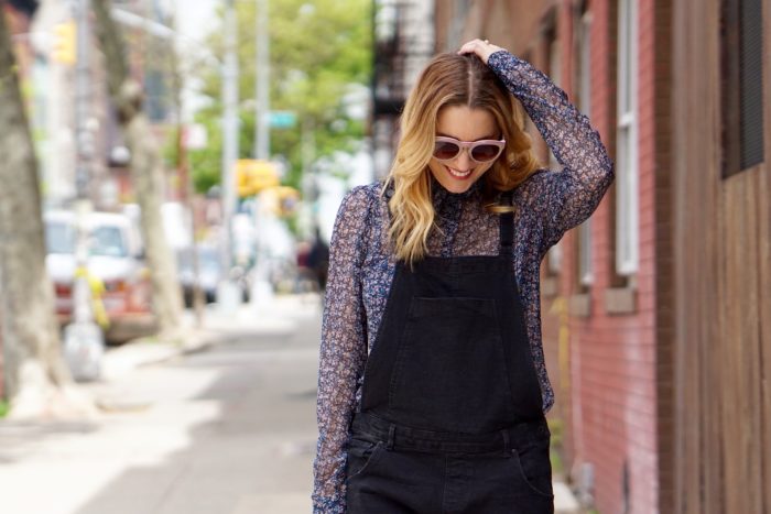 Christine Cameron of My Style Pill wearing black overalls from Zara and a Paige blouse 3