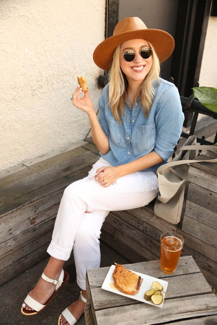 Christine Cameron of My Style Pill at lunch wearing Ray-Bun Sunglasses from Cohen's Fashion Optical 6