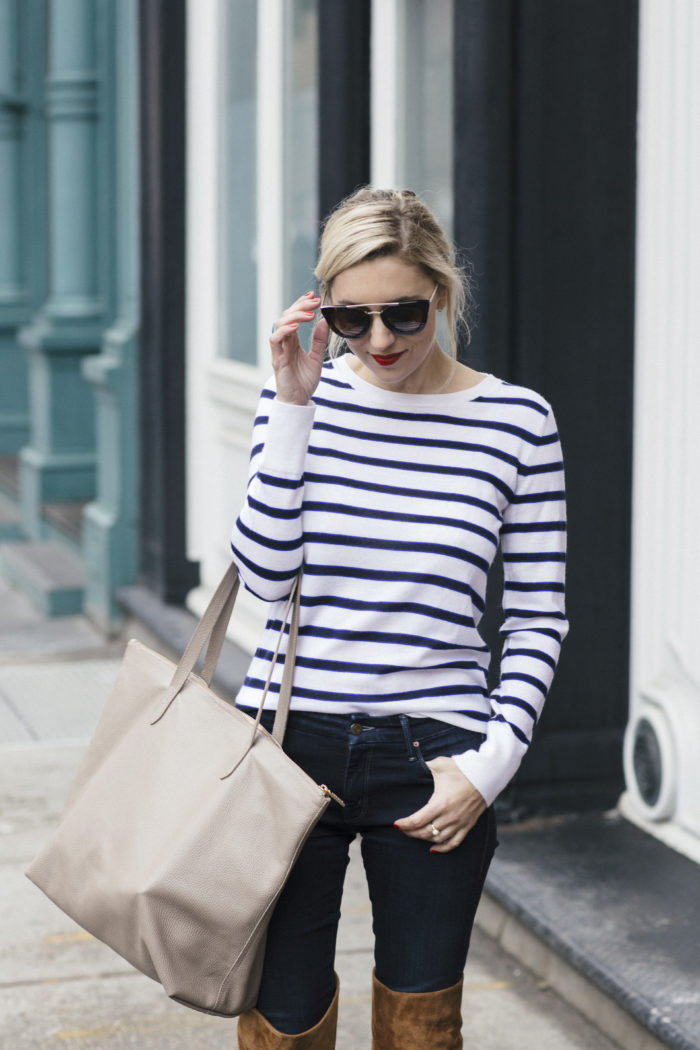 Banana Republic Sweater with Mother jeans and over the knee suede camel boots and a cuyana bag4