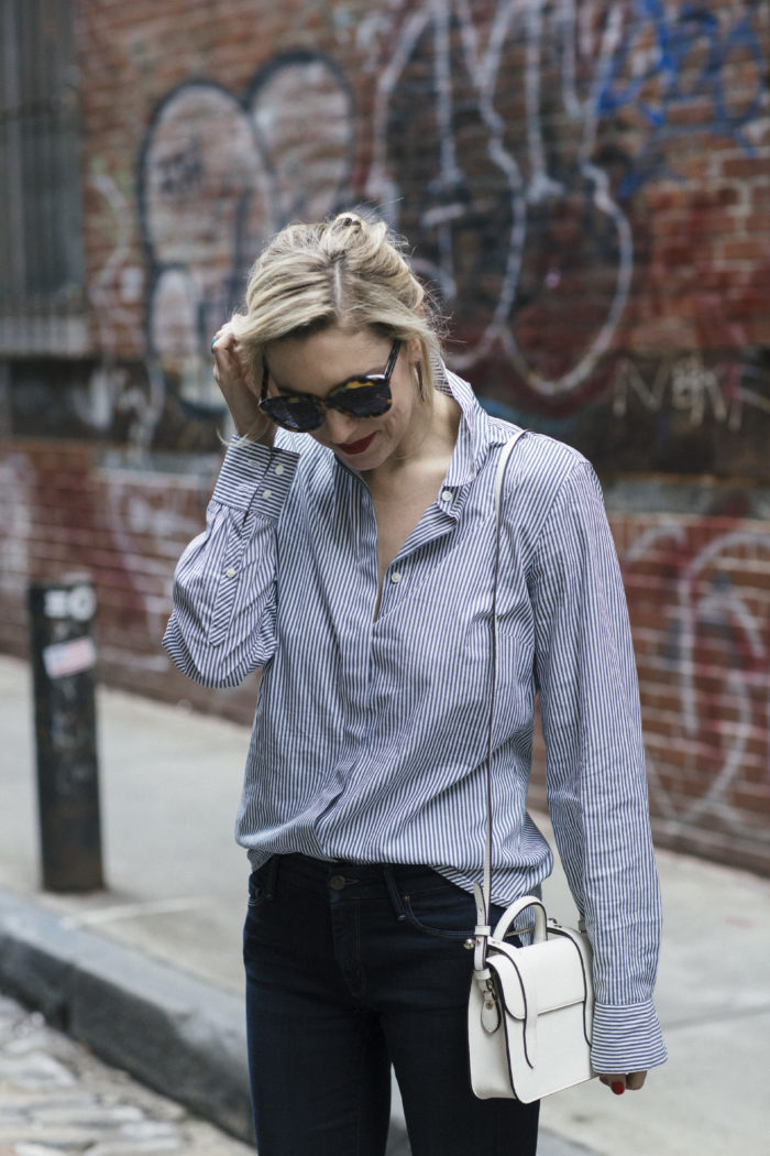 J.Crew blue and white striped button down with white Strathberry bag 2