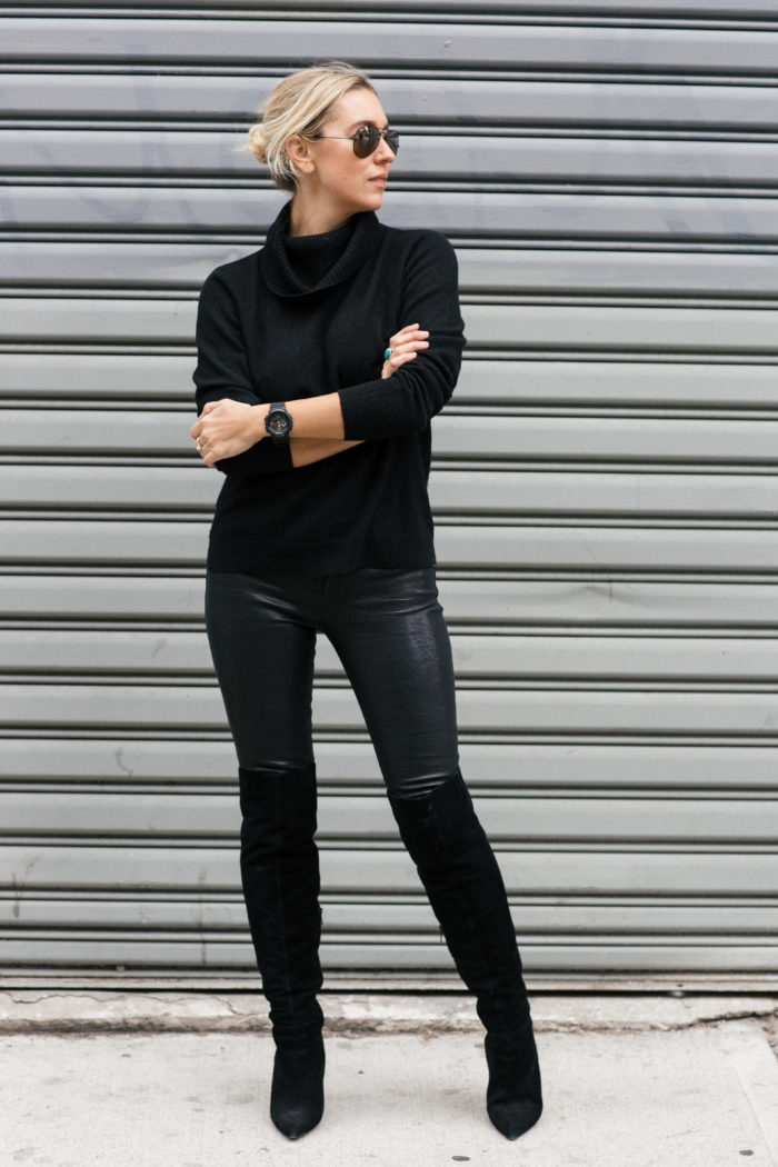 black turtleneck leather pants