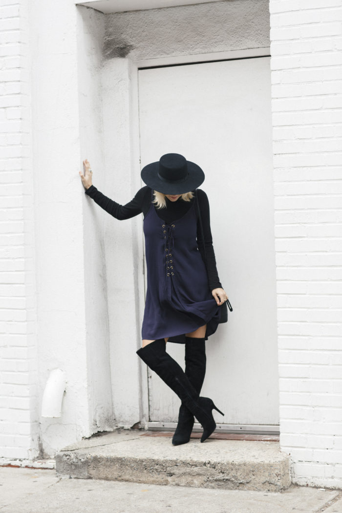 Bishop & Young Navy Dress with black hat and OTK boots 2