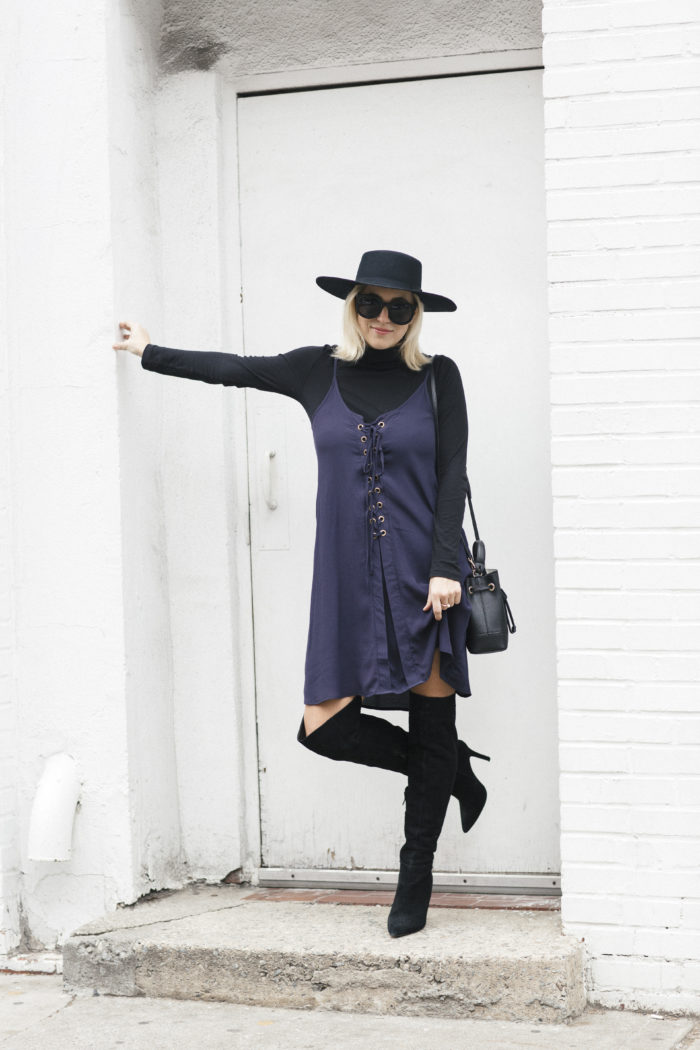 Bishop & Young Navy Dress with black hat and OTK boots 5