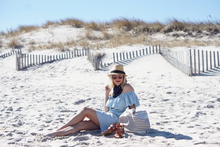 Bishop & Young Off the shoulder chambray dress in West Hampton 1