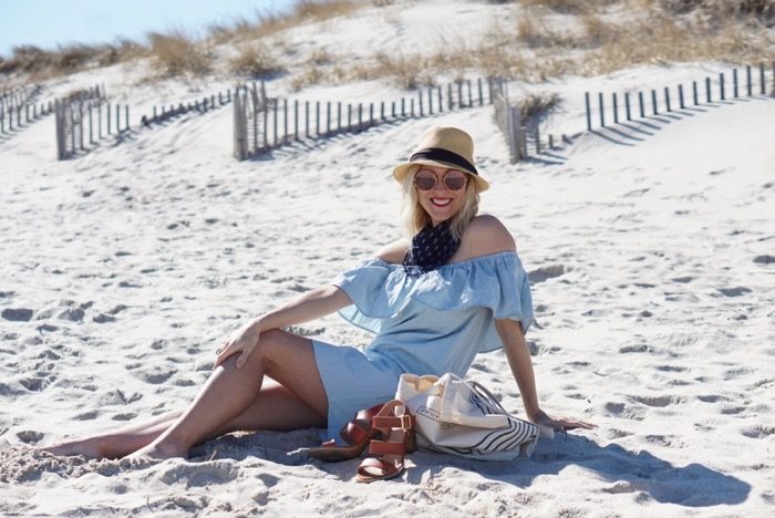 Bishop & Young Off the shoulder chambray dress in West Hampton 2