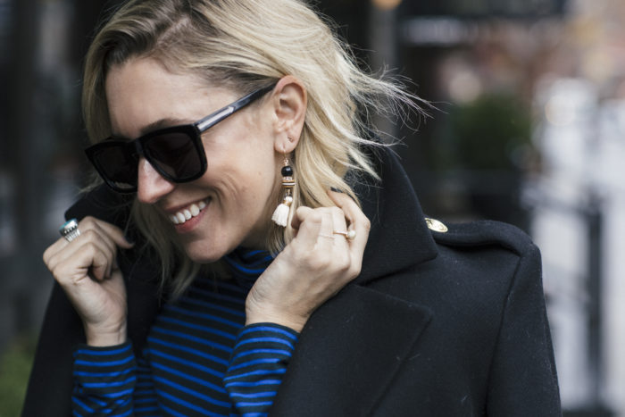 Blue striped turtleneck with peacoat and jeans 1