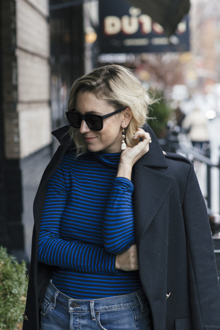 Blue striped turtleneck with peacoat and jeans 2