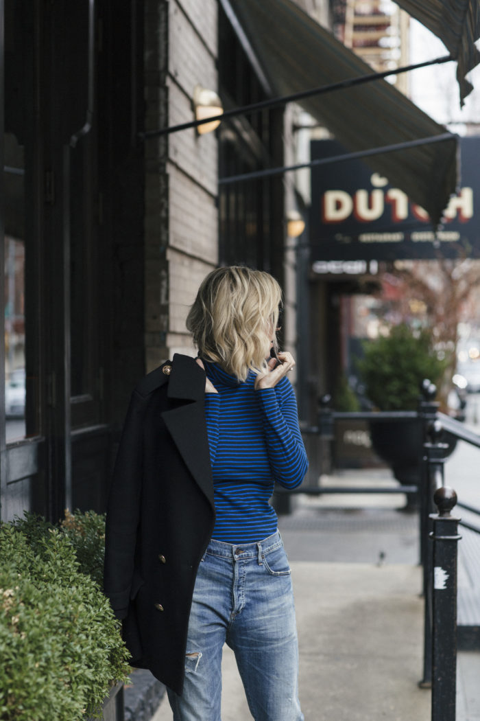 Blue striped turtleneck with peacoat and jeans 3