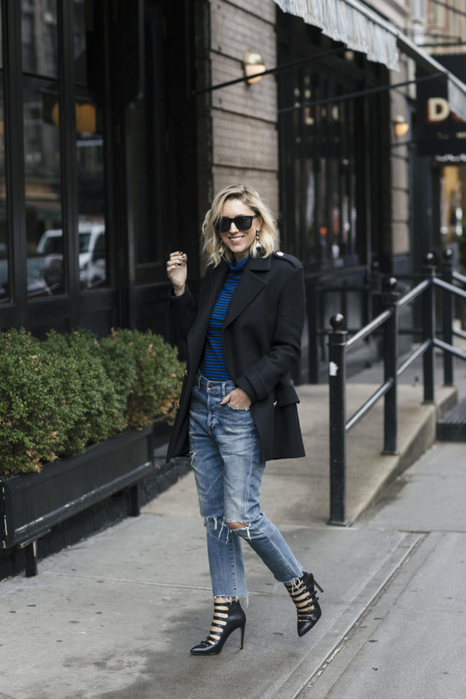 J.Crew Tissue Turtleneck in Black and Blue Stripes