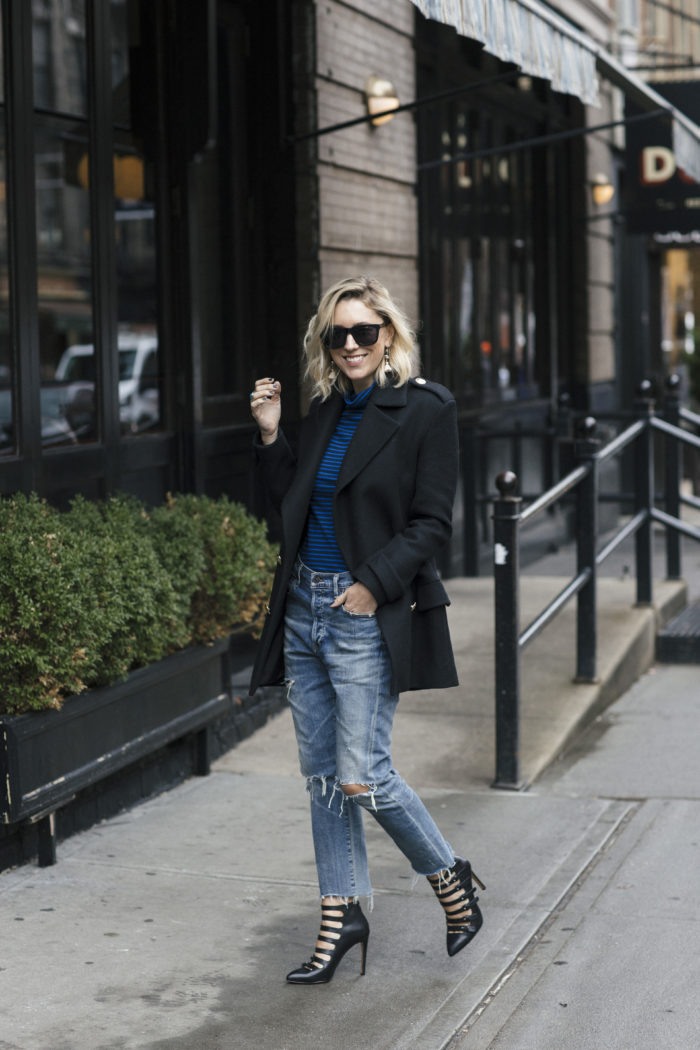 Blue striped turtleneck with peacoat and jeans 7