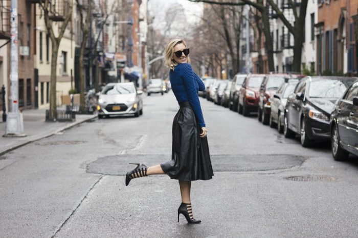 J.Crew black and blue striped turtleneck with black leather skirt 2