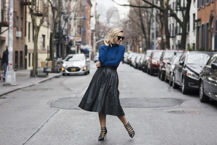 J.Crew black and blue striped turtleneck with black leather skirt 3