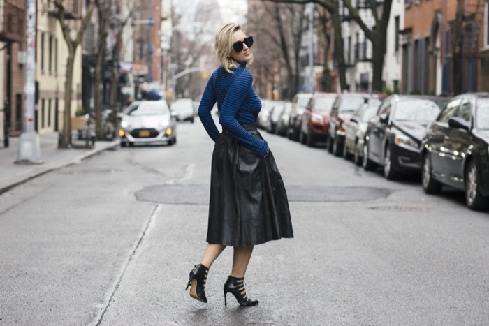 J.Crew black and blue striped turtleneck with black leather skirt 5