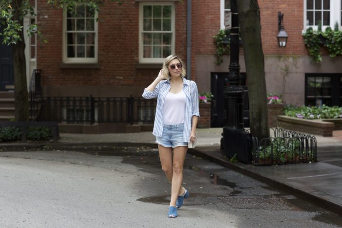 denim shorts with kenneth cole blue mules 3