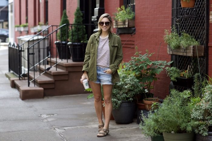 French Connection Cargo jacket with striped shirt and denim cutoffs 1