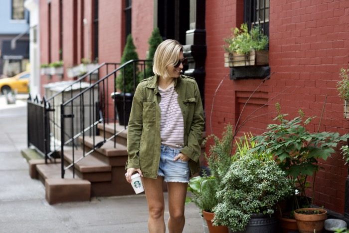 French Connection Cargo jacket with striped shirt and denim cutoffs 4