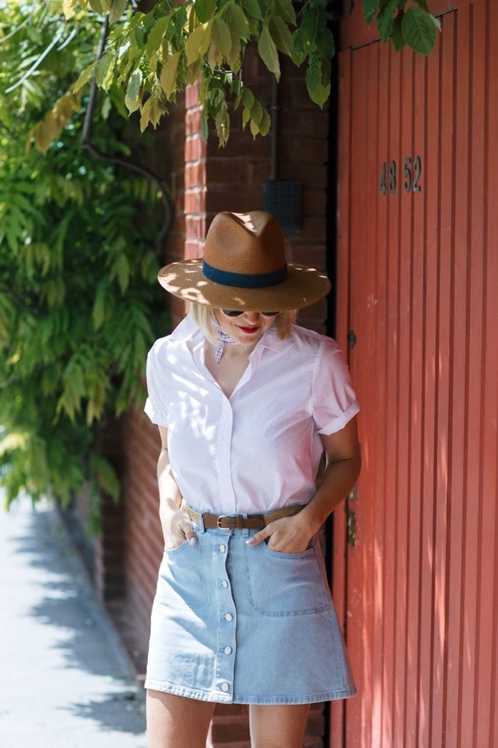 French-Connection-Denim-Skirt-white-ASOS-Top-and-Army-Jacket 1