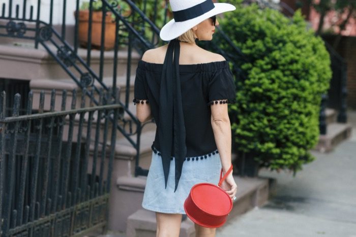 French-Connection-Denim-Skirt-with-Red-Bag-and-Black-Off-The-Shoulder 5