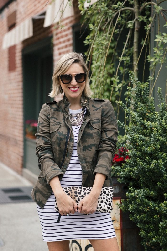 French-Connection-Striped-Dress-camo-jacket 2